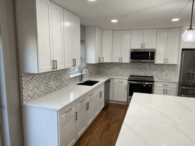 Modern kitchen with a chevron tile backsplash